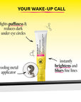 Eye cream tube with text highlighting its benefits on a yellow and white gradient background