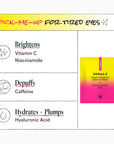 Product packaging for 'Derma E' eye patches with features listed on a white background.