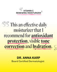 Advertisement for Vitamin C Renewing Moisturizer with text about its benefits and a dermatologist's recommendation.