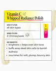 Product packaging with text about Vitamin C Whipped Radiance Polish on a white background