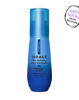 Blue serum bottle labeled 'DERMA-E Ultra Hydrating Dewy Skin Serum' on a white background.