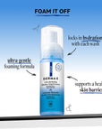 Derma E ultra hydrating cleanser bottle with text highlighting features on a blue background