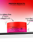 Red jar of Derma E product with text on a gradient background