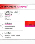 Skincare product with benefits listed on a white background