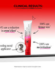 Cosmetic tube with clinical results text on a red and white background