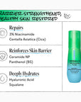 A skincare infographic for Derma E Hair Restoring Serum on a white background with a green header. The left side lists benefits: repairs with 3% niacinamide and centella asiatica, reinforces skin barrier with ceramide NP and panthenol, and deeply hydrates with hyaluronic acid and squalane.