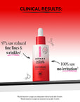 Derma E anti-wrinkle treatment oil bottle with clinical results on a red and white background