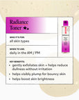 Radiance Toner packaging with product details on a white background