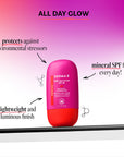 Derma E Daily Sun Serum bottle with pink and red design on a gradient purple and pink background.