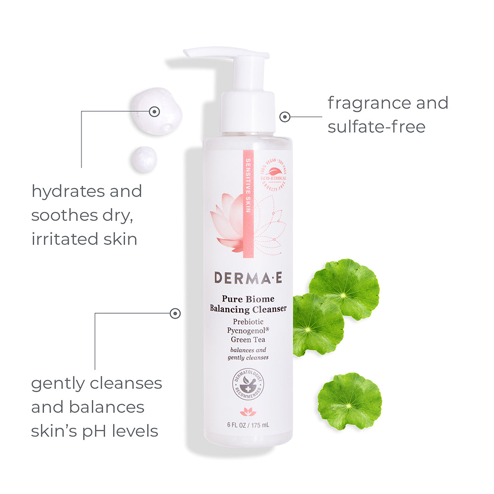 Pure Biome Balancing Cleanser hydrates and soothes dry, irritated skin. Gently cleanses and balances skin's pH levels.