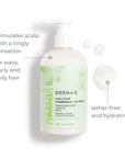 The image shows a bottle of DERMA‑E 2‑in‑1 Curl Conditioner + Co‑Wash placed beside two creamy product swatches. Text around the product highlights its benefits, stating that it stimulates the scalp with a tingly sensation, is suitable for wavy, curly, and coily hair, and offers a lather‑free, hydrating formula. The design focuses on the gentle, nourishing nature of the co‑wash.