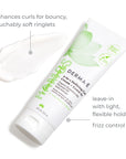 The image shows a tube of DERMA‑E 2‑in‑1 Curl Defining Crème placed beside a smooth white cream swatch. Text around the product highlights its benefits, noting that it enhances curls for bouncy, touchably soft ringlets, offers frizz control, and works as a leave‑in with light, flexible hold. The layout emphasizes the nourishing, curl‑defining qualities of the formula.