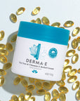 Derma E Tea Tree and Vitamin E Relief Cream container surrounded by Vitamin E capsules.