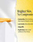A tube of DERMA E Vitamin C No Dark Circles Perfecting Eye Cream with a yellow label, placed on a white block against a yellow gradient background. “Brighter Skin, No Compromises” and lists benefits: instantly diminishes the look of dark circles, corrects discoloration, depuffs, and hydrates skin while softening fine lines.