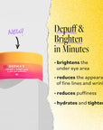 DERMA-E Vitamin C Bright Eyes Hydro Gel Patches jar with orange and pink gradient design and text: Depuff & Brighten in Minutes; highlights benefits including brightens under eye area, reduces fine lines and wrinkles, reduces puffiness, hydrates and tightens.
