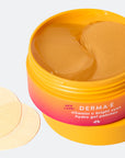 Open jar of DERMA-E Vitamin C Bright Eyes Hydro Gel Patches showing golden patches inside, with two individual patches placed outside the jar.
