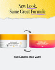 New Look, Same Great Formula' showing two jars of DERMA-E Vitamin C Bright Eyes Hydro Gel Patches side by side: old packaging in solid yellow and new packaging in orange-pink gradient; note reads 'Packaging May Vary.