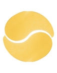 Close-up of two golden hydro gel patches arranged in a yin-yang shape, representing brightening and depuffing benefits.