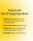 Packed with Pure & Potent ingredients: Vitamin C brightens and reduces discoloration, Hyaluronic Acid deeply hydrates, Vitamin E protects against free radicals, Probiotics repair skin’s barrier.