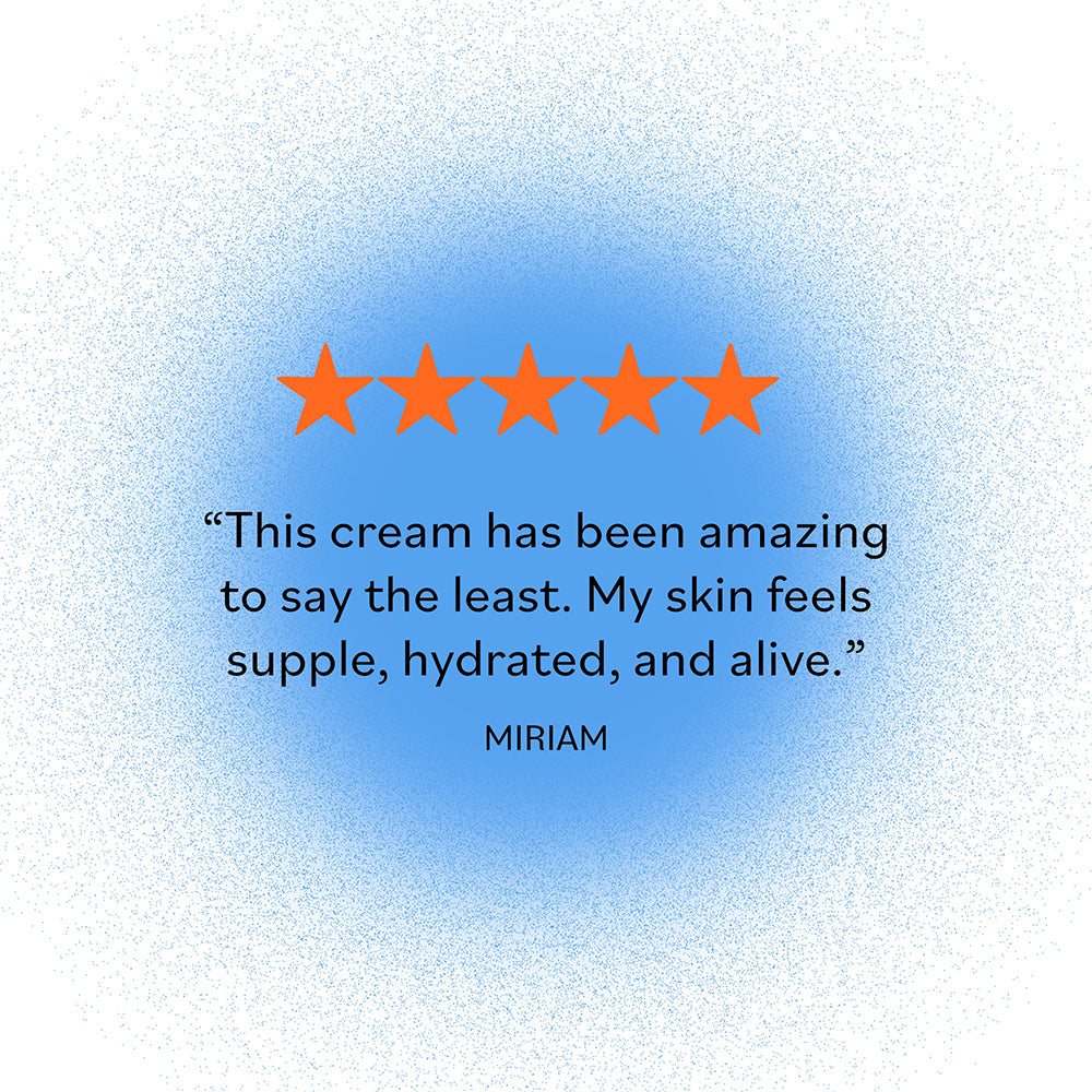 Five-star customer review: 'This cream has been amazing to say the least. My skin feels supple, hydrated, and alive,' highlighting the positive impact of the cream on skin hydration.