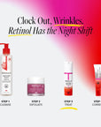 Derma E skincare product lineup with text 'Clock Out, Wrinkles. Retinol Has the Night Shift' on a gradient background.