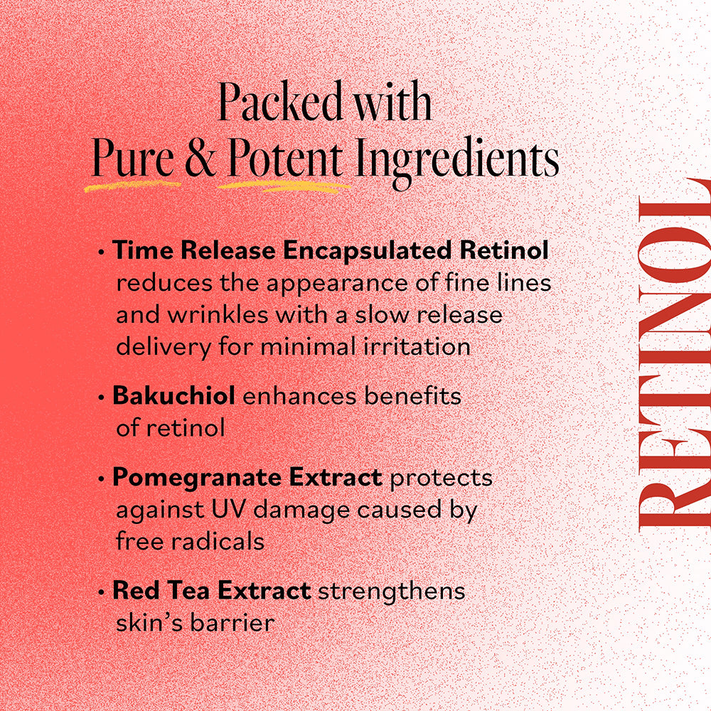 Key ingredients in Derma E Retinol Concentrated Serum: Time Release Encapsulated Retinol for fine lines and wrinkles, Bakuchiol to enhance retinol benefits, Pomegranate Extract for UV protection, and Red Tea Extract to strengthen skin's barrier.