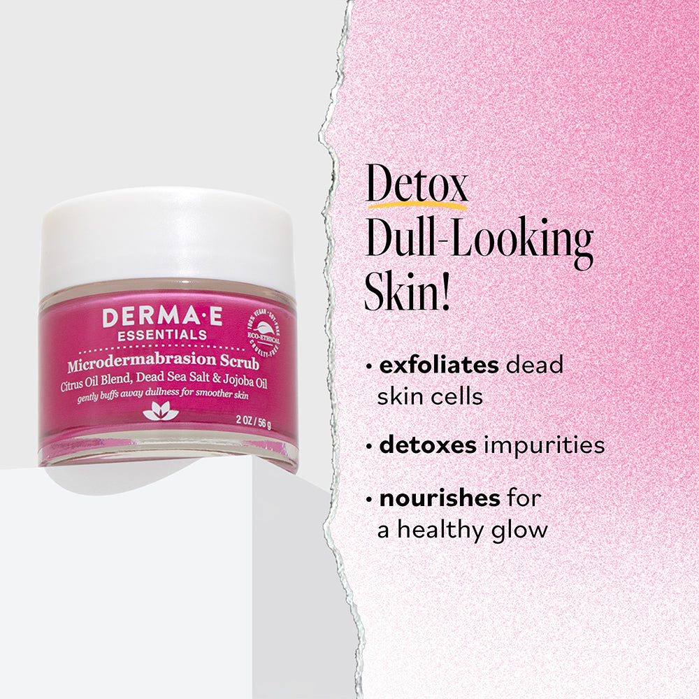 Derma E Essentials Microdermabrasion Scrub shown with benefits text emphasizing its exfoliating, moisturizing, and detoxifying properties.
