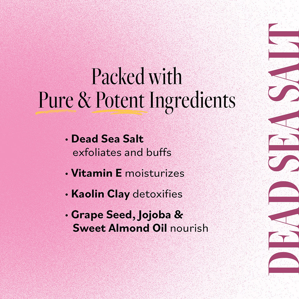 Key ingredients of Derma E Microdermabrasion Scrub including Dead Sea Salt, Vitamin E, Kaolin Clay, and various nourishing oils for exfoliation and detoxification.