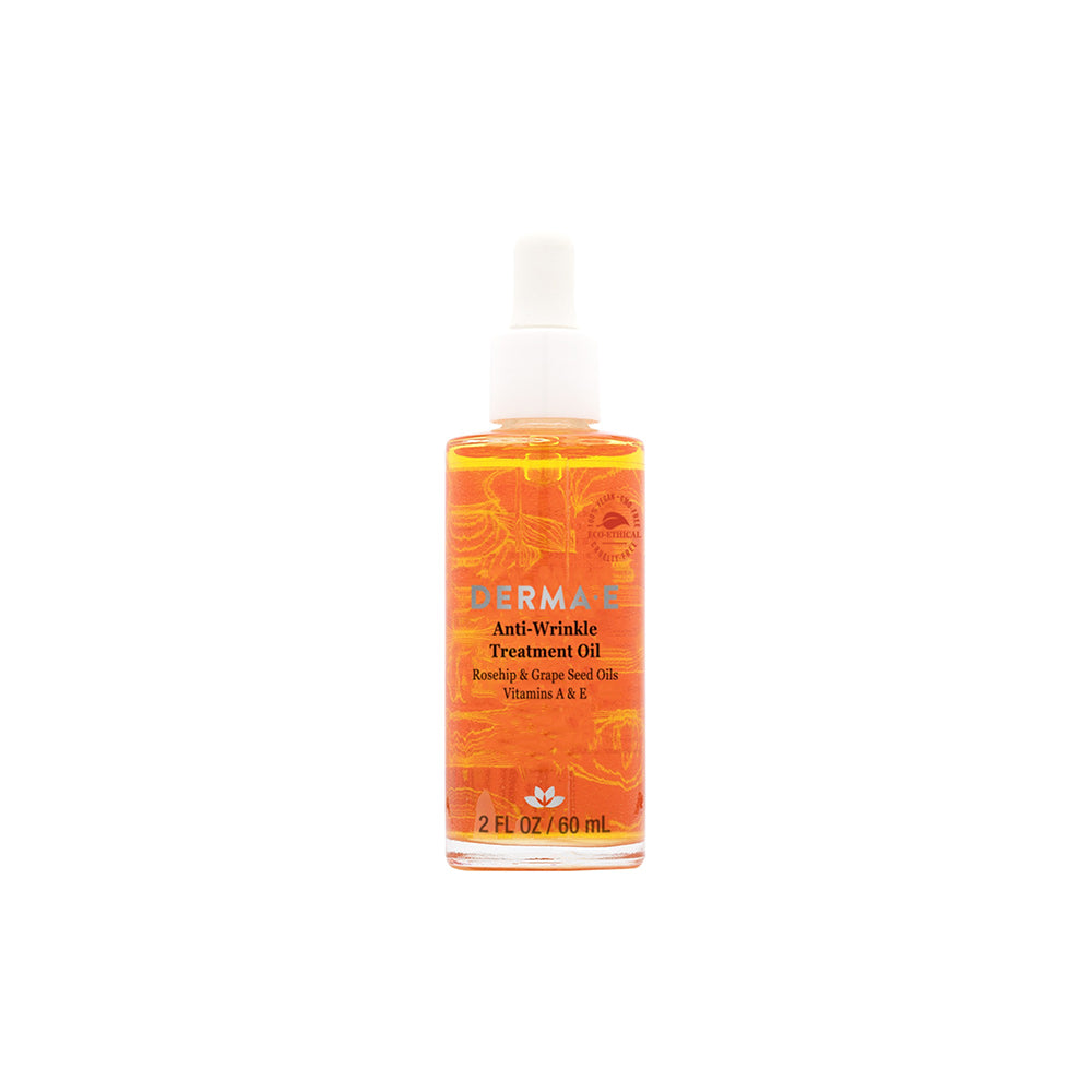 Bottle of Derma E Anti-Wrinkle Treatment Oil, a nourishing oil with Retinol and Vitamin E.