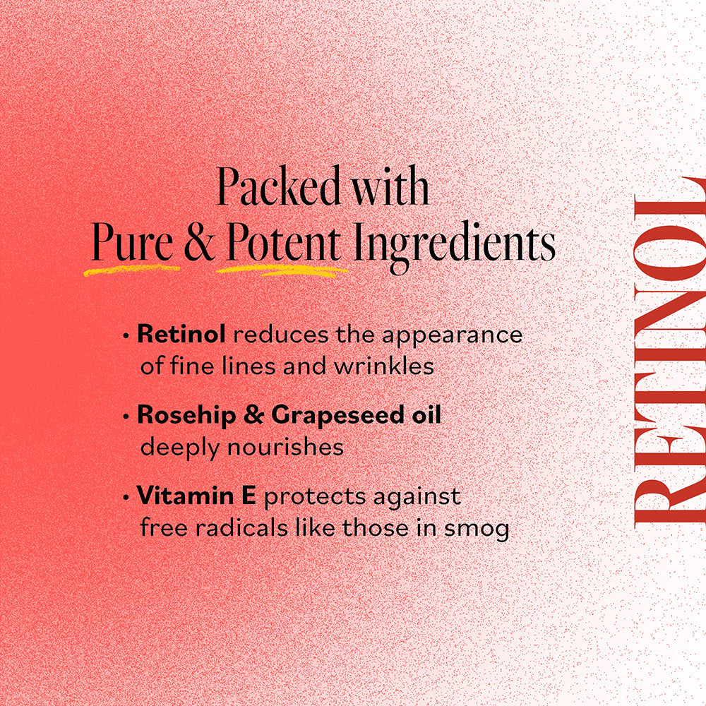 Key ingredients of Derma E Anti-Wrinkle Treatment Oil: Retinol, Rosehip & Grapeseed Oil, and Vitamin E.