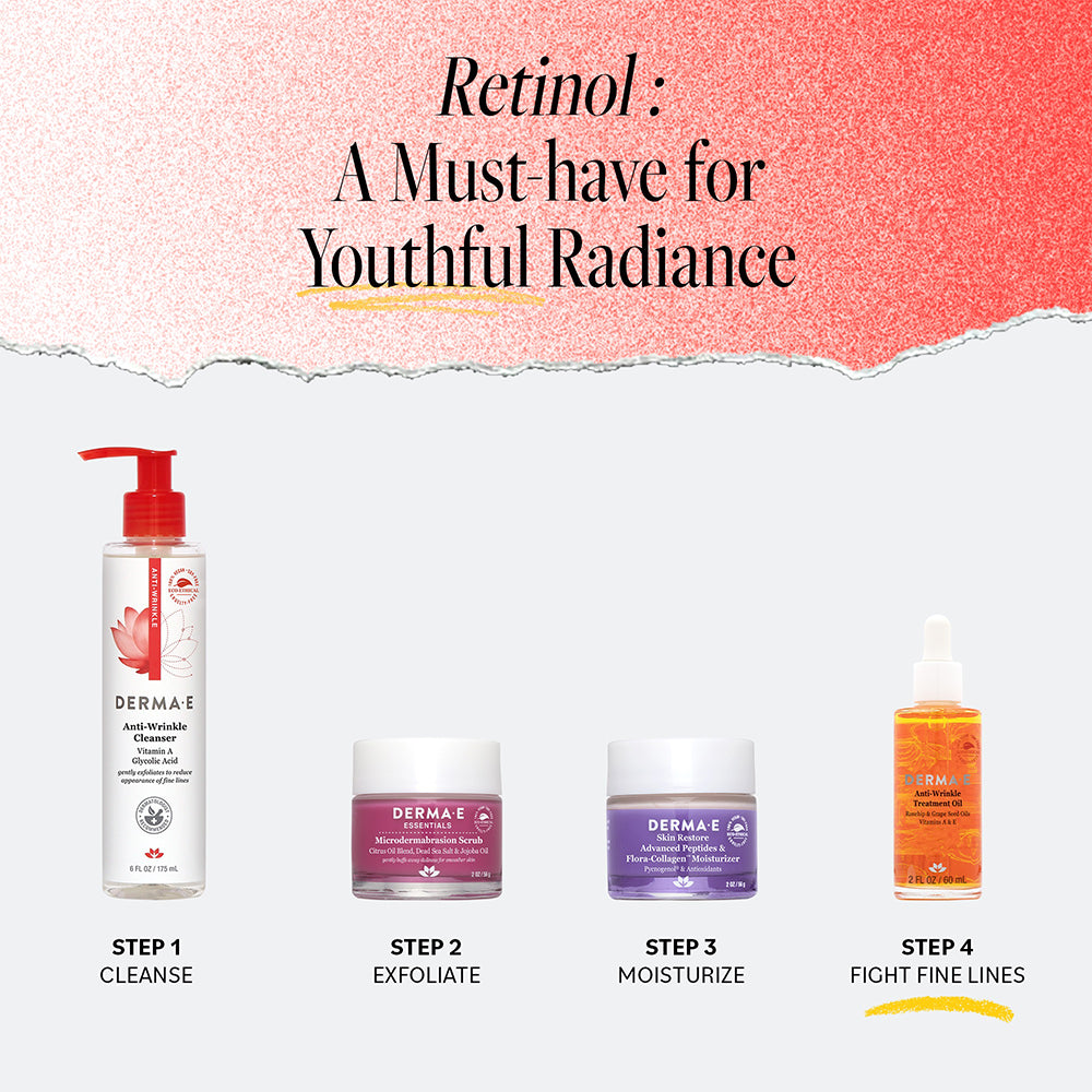 Derma E Retinol skincare routine: Anti-Wrinkle Cleanser, Microdermabrasion Scrub, Skin Restore Moisturizer, and Anti-Wrinkle Treatment Oil.