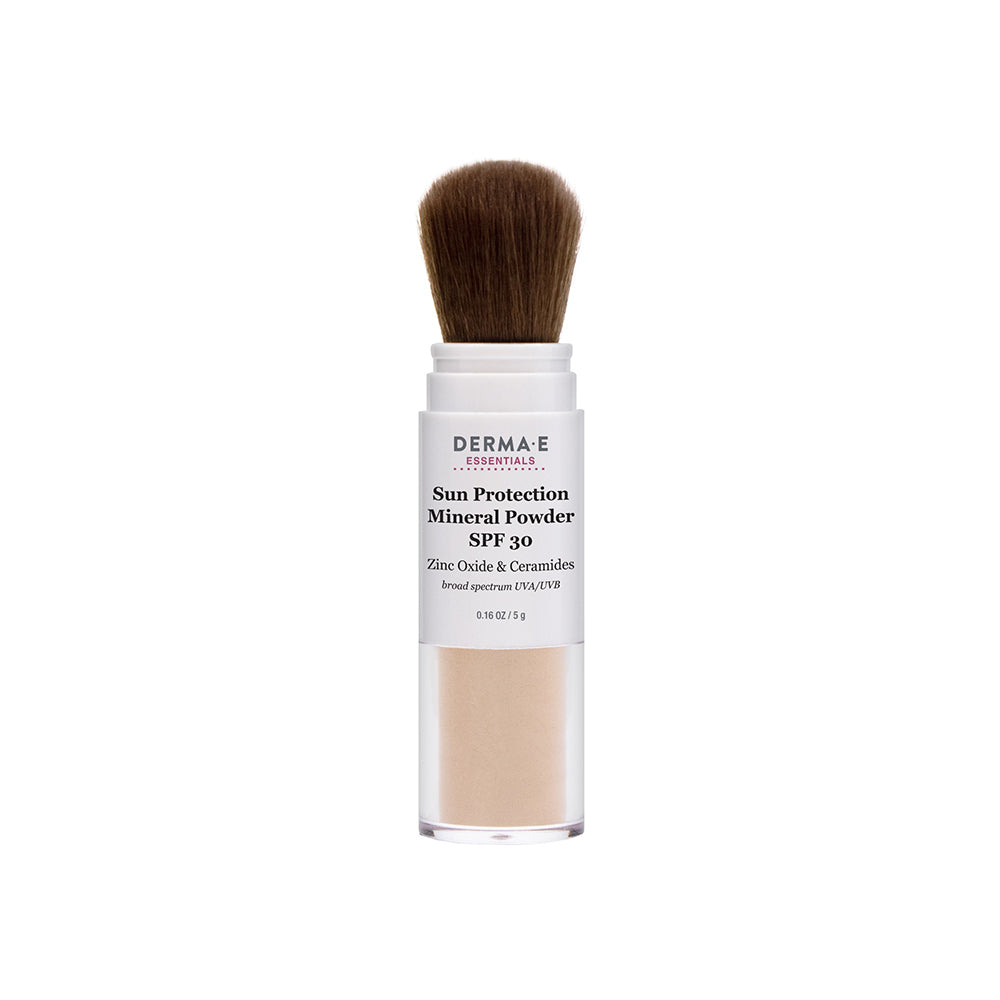 Product shot of Derma E Sun Protection Mineral Powder SPF 30, showcasing its sleek and portable design.