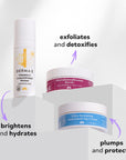 Three DERMA-E skincare products displayed on white blocks: Vitamin C Concentrated Serum with text 'brightens and hydrates,' Microdermabrasion Scrub with text 'exfoliates and detoxifies,' and Ultra Hydrating Antioxidant Day Cream with text 'plumps and protects.