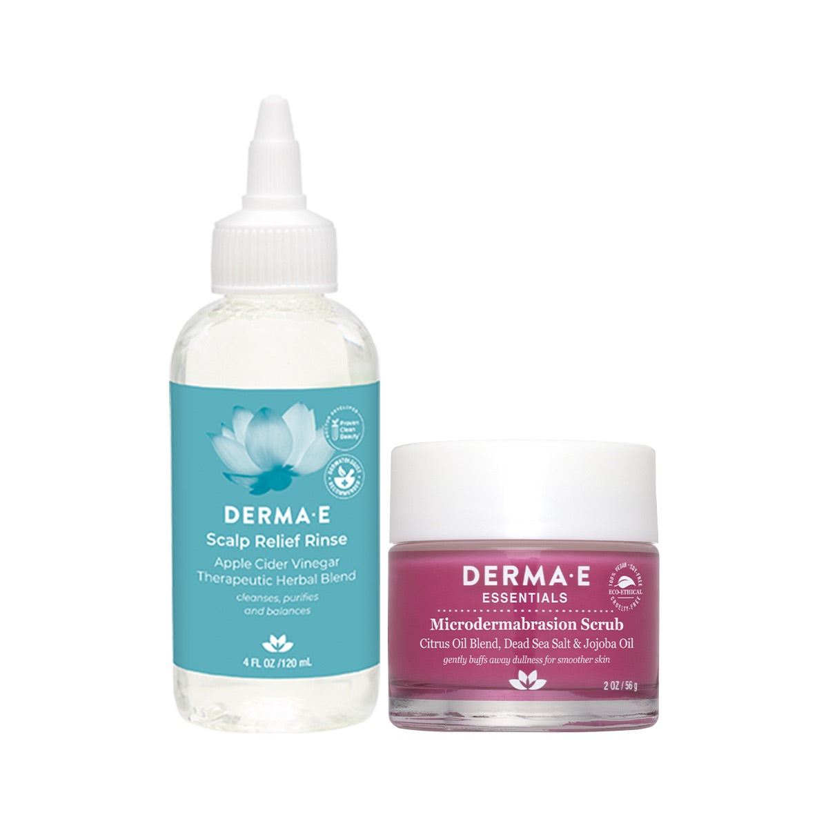 Bottle of Scalp Relief Rinse and a microdermabrasion scrub jar.