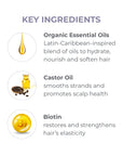 A key ingredients graphic displays three highlighted components: Organic Essential Oils described as a Latin‑Caribbean‑inspired blend that hydrates, nourishes, and softens hair; Castor Oil, which smooths strands and promotes scalp health; and Biotin, which helps restore and strengthen hair’s elasticity. Each ingredient is shown with a small illustrative icon.