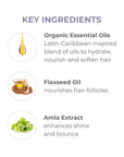 An ingredient graphic highlights three key components of the curl‑defining cream. Organic Essential Oils are described as a Latin‑Caribbean‑inspired blend that hydrates, nourishes, and softens hair. Flaxseed Oil is shown to nourish hair follicles, while Amla Extract is noted for enhancing shine and bounce. Each ingredient is paired with a small illustrative icon.