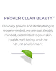 Centered on a white background, text reads: “PROVEN CLEAN BEAUTY™.” Below, additional wording states that the product is clinically proven, dermatologist recommended, and created with a commitment to skin health, overall well‑being, and environmental sustainability.
