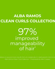 A bright green background displays bold white text reading: “ALBA RAMOS CLEAN CURLS COLLECTION — 97% improved manageability of hair*.