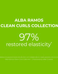 A bright green background displays bold white text reading: “ALBA RAMOS CLEAN CURLS COLLECTION — 97% restored elasticity*.