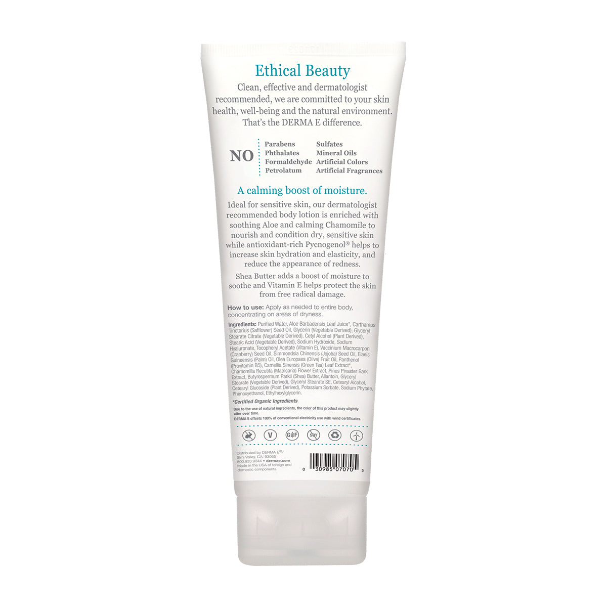 Back view of the Fragrance-Free Vitamin E Body Lotion bottle by DERMA E, displaying the ingredient list and usage instructions