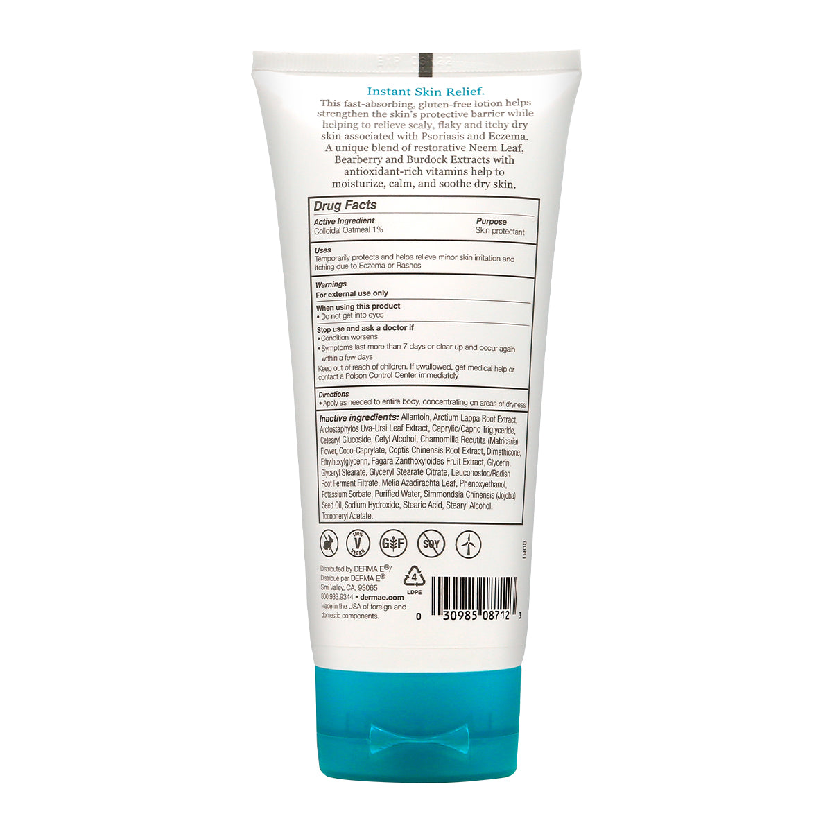 Back of Eczema Relief Lotion bottle with usage instructions - hypoallergenic and effective relief for dry, itchy skin.