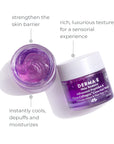 Open jar and closed container of Derma E Skin Restore Advanced Peptides & Flora-Collagen Cryo-Gel Mask showing a vibrant purple gel texture, with surrounding text highlighting benefits: strengthens the skin barrier, provides a rich luxurious texture, and instantly cools, depuffs, and moisturizes.