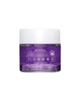Back view of a Derma E Skin Restore Cryo-Gel Mask jar filled with purple gel, with printed text highlighting ethical beauty claims and product details.
