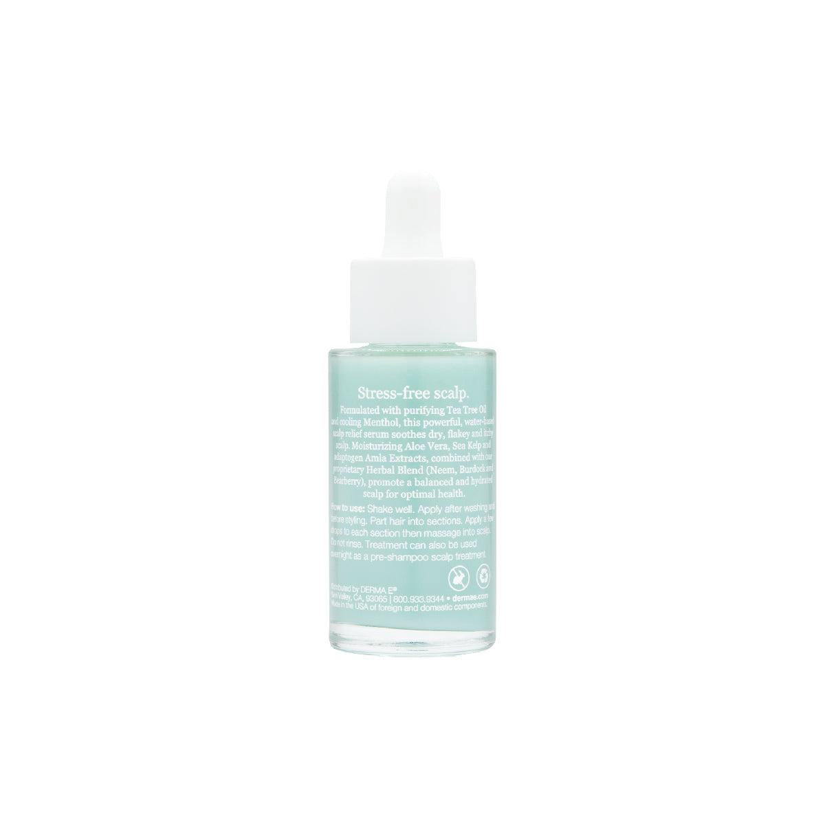 "Close-up of a translucent bottle with a white dropper cap, labeled 'Stress-free scalp'. The product mentions ingredients like Tea Tree Oil and Menthol, with detailed usage instructions, set against a white background."