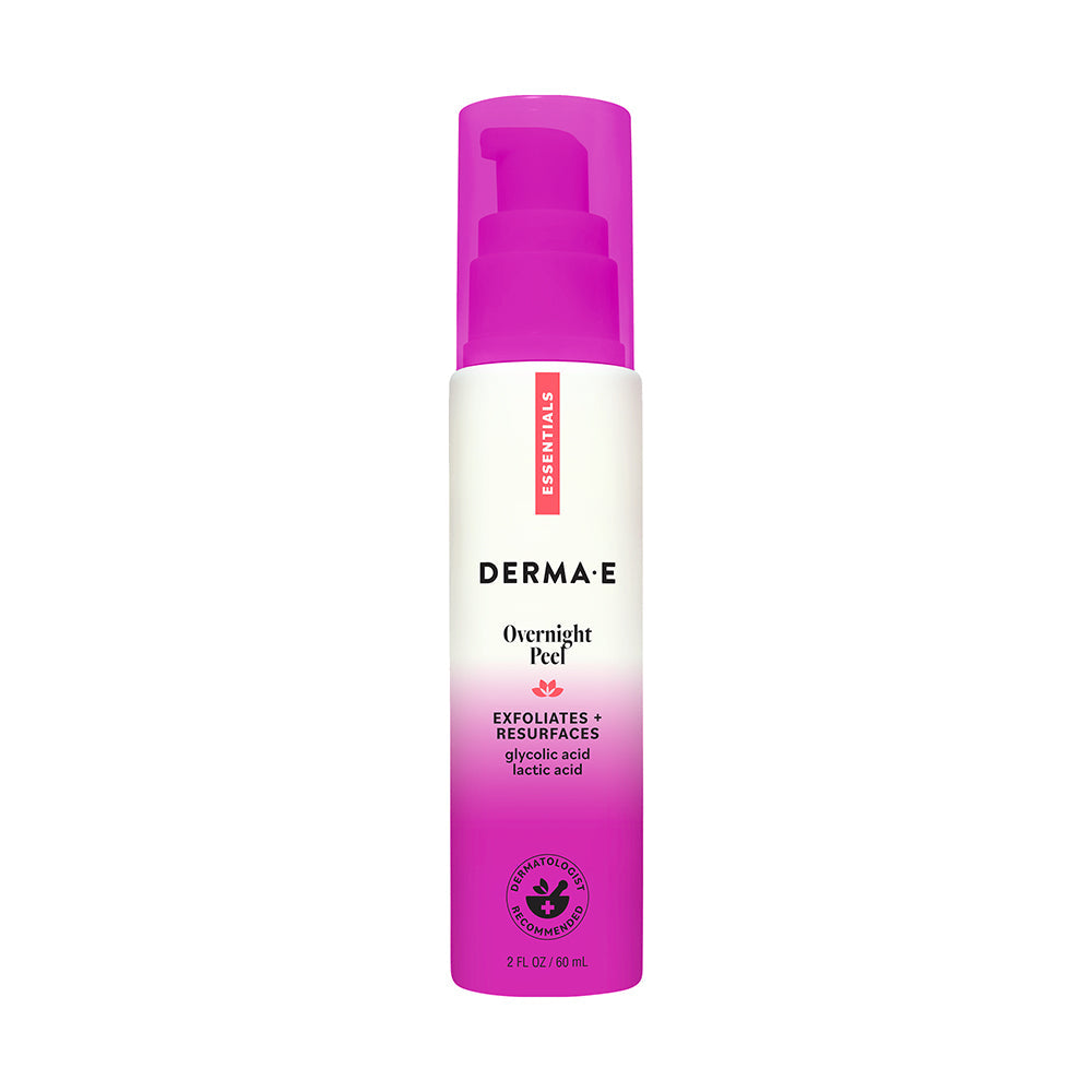 Derma-E Overnight Peel bottle with pink top and white body on a white background