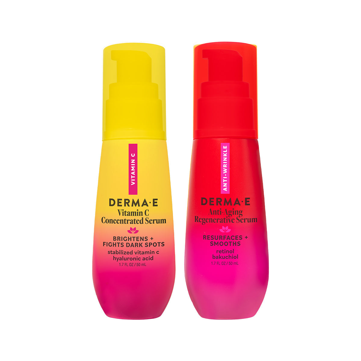 Two Derma-E serum bottles, one yellow and one red, on a white background.