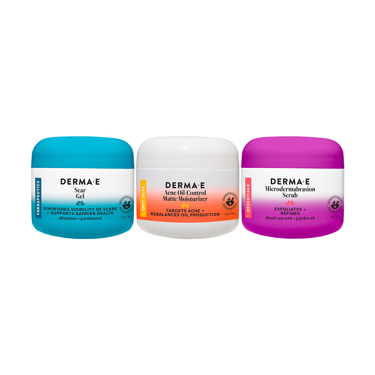 Three Derma E skincare products on a white background
