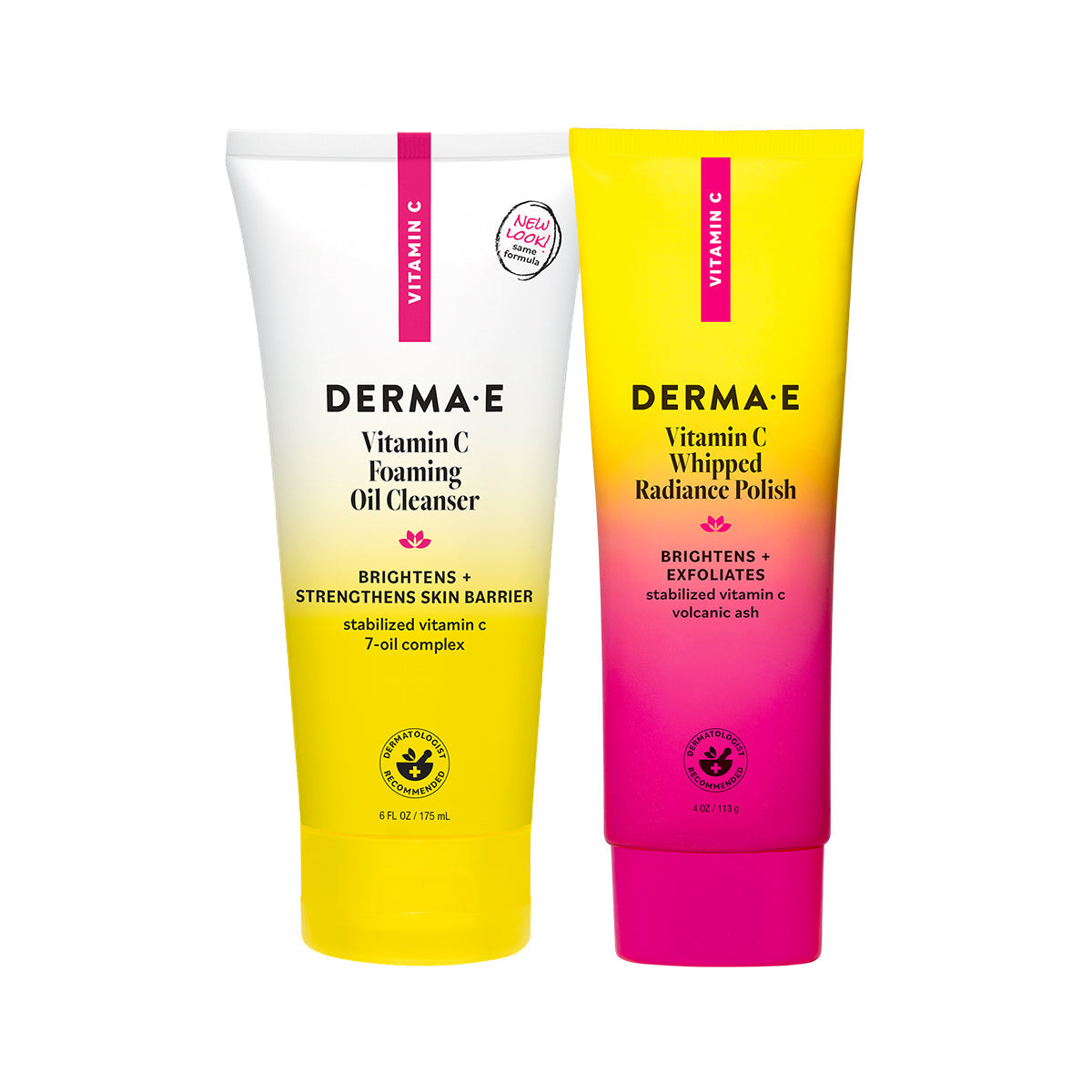 Two Derma-E skincare products, a foam cleanser and a radiance polish, on a white background.