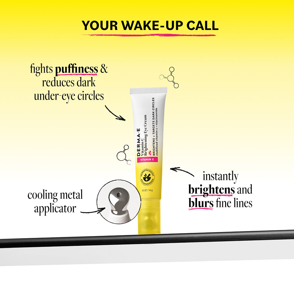 Eye cream tube with text highlighting its benefits on a yellow and white gradient background