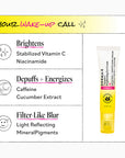 Yellow tube of Derma E eye cream with product features listed on a white background